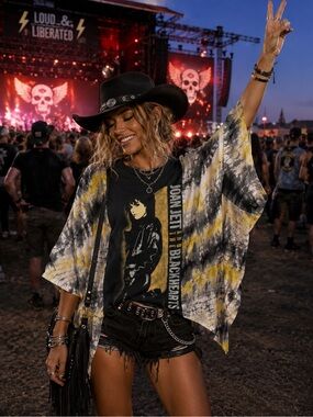 Joan Jett Graphic Band Tee with Tie-Dye Kimono - Yellow & Black